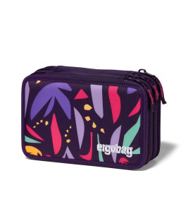 Bunte, rechteckige Ergobag-Federtasche mit auffälligem Blättermuster und mehreren Reißverschlussfächern.