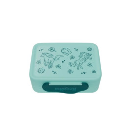 Hellblaue Brotdose mit Einhorn-, Pferde-, Hufeisen- und Blumenmotiven auf dem Deckel.
