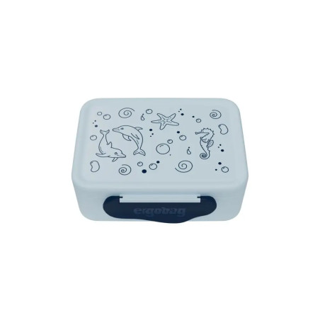 Hellblaue Brotdose mit ozeanischen Motiven wie Delfinen, einem Seestern und einem Seepferdchen auf dem Deckel.