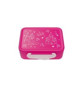 Pinke Brotdose mit weißen Motiven: Prinzessin, Schloss, Krone, Diamanten und Sterne auf dem Deckel.