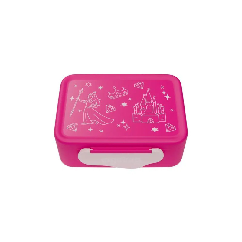 Pinke Brotdose mit weißen Motiven: Prinzessin, Schloss, Krone, Diamanten und Sterne auf dem Deckel.