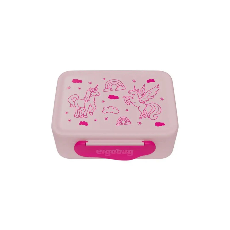 Rosa Brotdose mit Einhorn-, Regenbogen- und Wolkenmotiven auf dem Deckel sowie rosa Verschluss vorne.