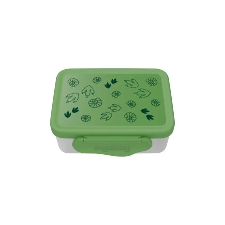 Grüne Brotdose mit Dinosaurier-Fußabdrücken und Blättern auf dem Deckel, vor weißem Hintergrund.