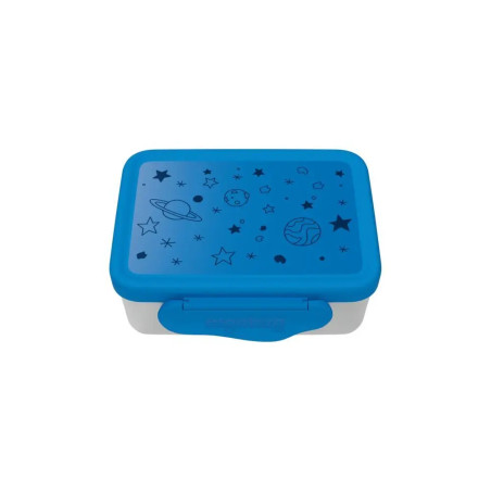 Blau-weiße Brotdose mit Deckel, der mit weltraumtypischen Planeten- und Sternmotiven verziert ist.