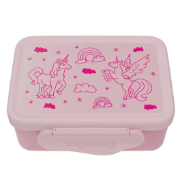 Rosa Brotdose mit Einhorn-, Regenbogen-, Wolken- und Sternmotiven auf dem Deckel.