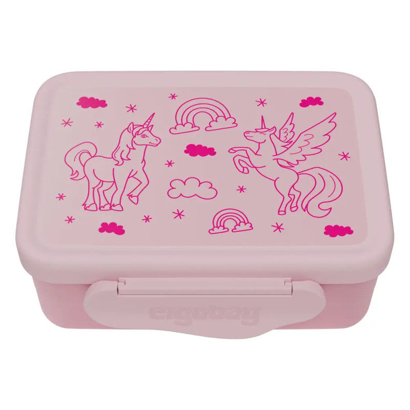 Rosa Brotdose mit Einhorn-, Regenbogen-, Wolken- und Sternmotiven auf dem Deckel.