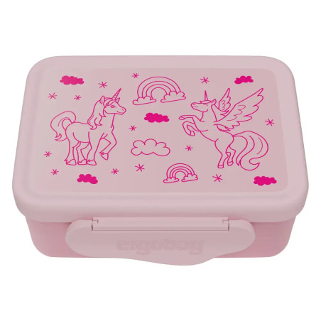 Rosa Brotdose mit Einhorn-, Regenbogen-, Wolken- und Sternmotiven auf dem Deckel.