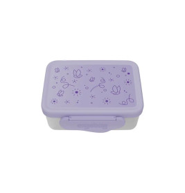 Rechteckige Brotdose mit lila Deckel, verziert mit einfachen Blumen- und Sonnendoodles.