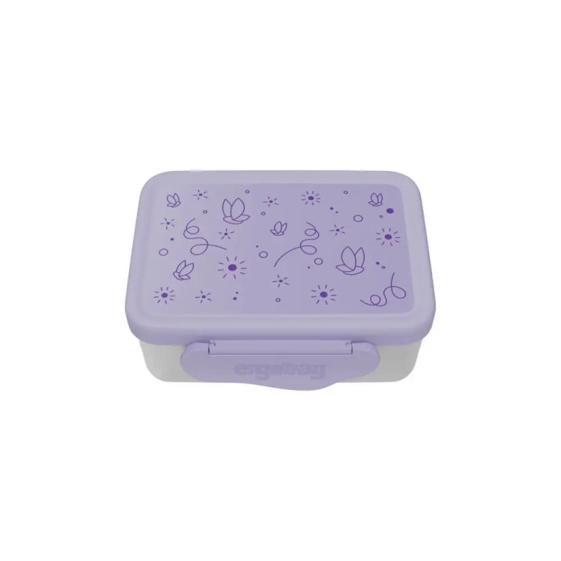 Rechteckige Brotdose mit lila Deckel, verziert mit einfachen Blumen- und Sonnendoodles.