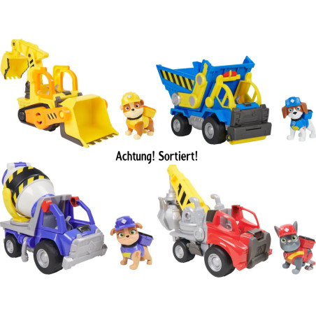 Vier Spielzeug-Baufahrzeuge und vier Paw-Patrol-Figuren auf weißem Hintergrund, in der Mitte deutscher Text.