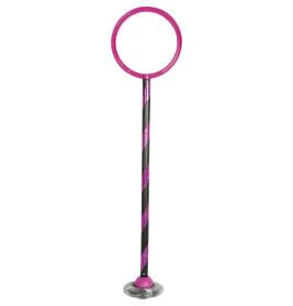 Ein pinker Ring sitzt auf einer schwarz-rosa gestreiften Stange mit rundem Sockel.