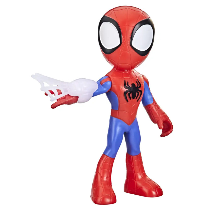 Cartoonhafte Spider-Man-Figur steht aufrecht und schießt ein weißes Netz aus der Hand.