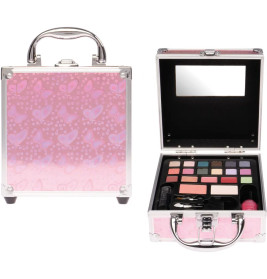 Rosafarbenes Schminketui mit Schmetterlingsmuster, geschlossen und offen mit Make-up-Produkten und Spiegel innen.