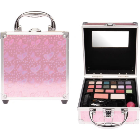 Rosafarbenes Schminketui mit Schmetterlingsmuster, geschlossen und offen mit Make-up-Produkten und Spiegel innen.