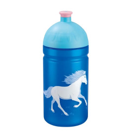 Blaue Trinkflasche mit hellblauem Deckel und weißer Pferdeabbildung an der Seite.