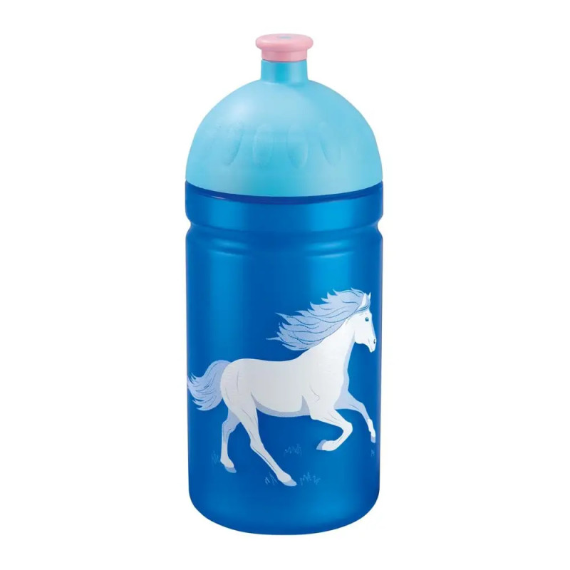 Blaue Trinkflasche mit hellblauem Deckel und weißer Pferdeabbildung an der Seite.
