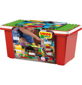 Rote Unico Plus Baustein-Box für Kinder von 1,5-5 Jahren mit 120 bunten Steinen und spielendem Kind auf der Verpackung.