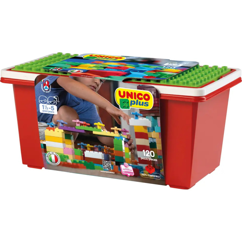 Rote Unico Plus Baustein-Box für Kinder von 1,5-5 Jahren mit 120 bunten Steinen und spielendem Kind auf der Verpackung.