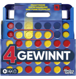 Blaue 4 Gewinnt Box mit roten und gelben Spielsteinen, Hasbro-Logo und deutscher Beschriftung auf der Verpackung.