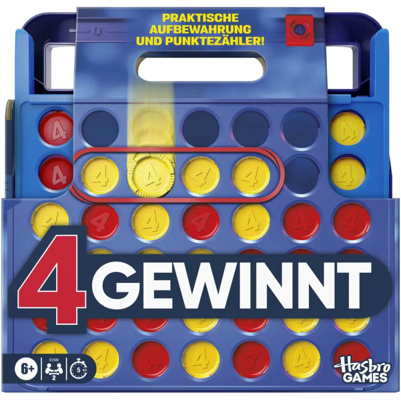 Blaue 4 Gewinnt Box mit roten und gelben Spielsteinen, Hasbro-Logo und deutscher Beschriftung auf der Verpackung.