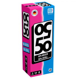 Rosa-blaues Kästchen mit Aufschrift 50% Wissen 50% Zufall und großem schwarz-weißem Schriftzug 50/50.