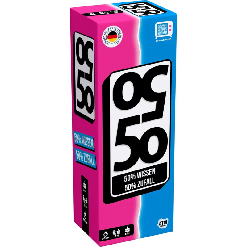 Rosa-blaues Kästchen mit Aufschrift 50% Wissen 50% Zufall und großem schwarz-weißem Schriftzug 50/50.