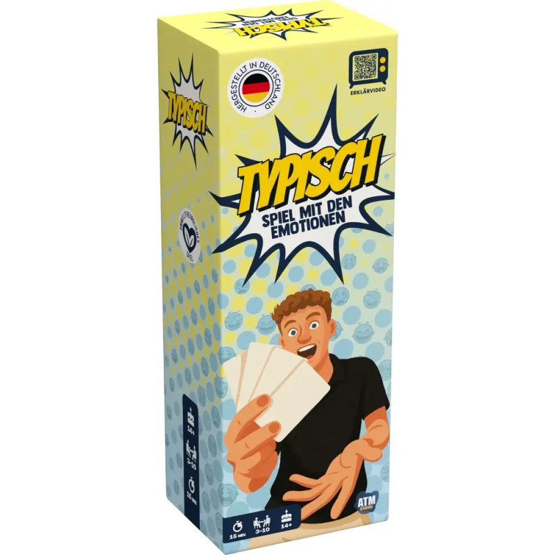 Spielschachtel Typisch! Spiel mit den Emotionen mit einer Cartoonfigur, die Karten hält.