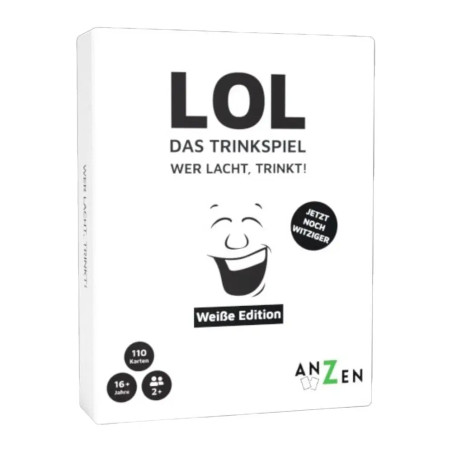 Weiße Box von LOL Das Trinkspiel mit lachendem Gesicht und deutscher Aufschrift auf der Vorderseite.