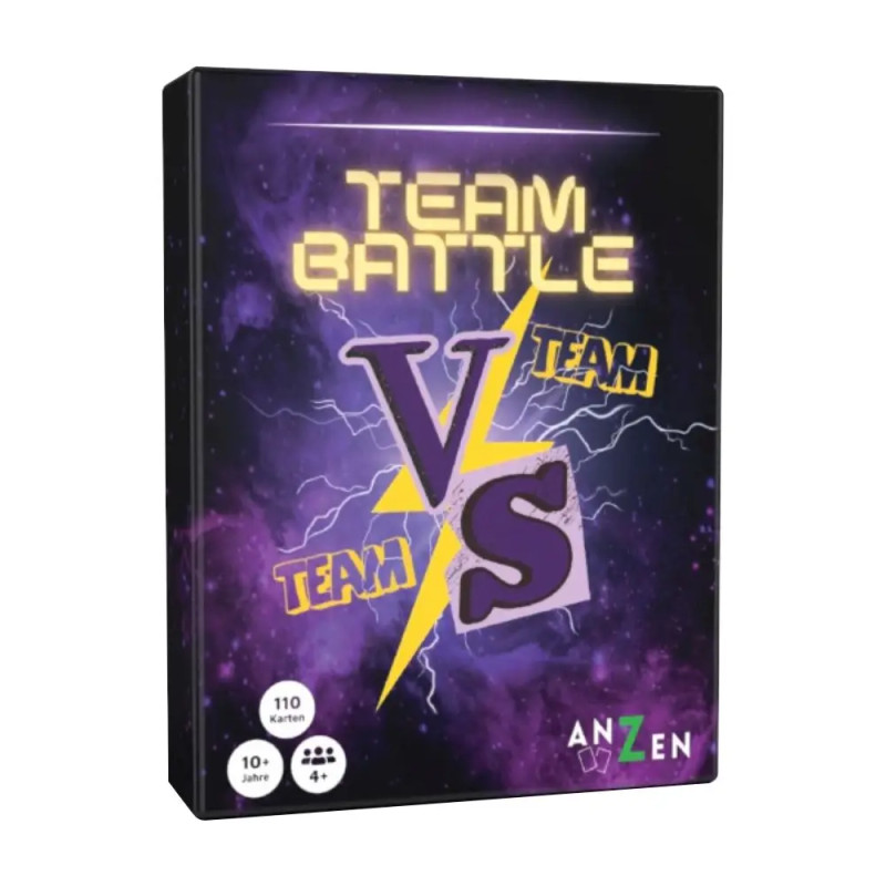 Spielbox Team Battle mit lila, gelb-schwarzem Design und großen VS-Buchstaben auf dem Cover.