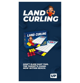 Spielschachtel Land Curling mit Spielfiguren und Slogan: Ziel klar erkennbar. Jetzt erreichbar.