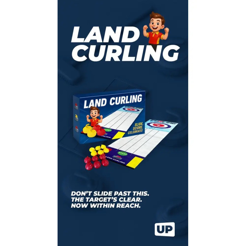 Spielschachtel Land Curling mit Spielfiguren und Slogan: Ziel klar erkennbar. Jetzt erreichbar.