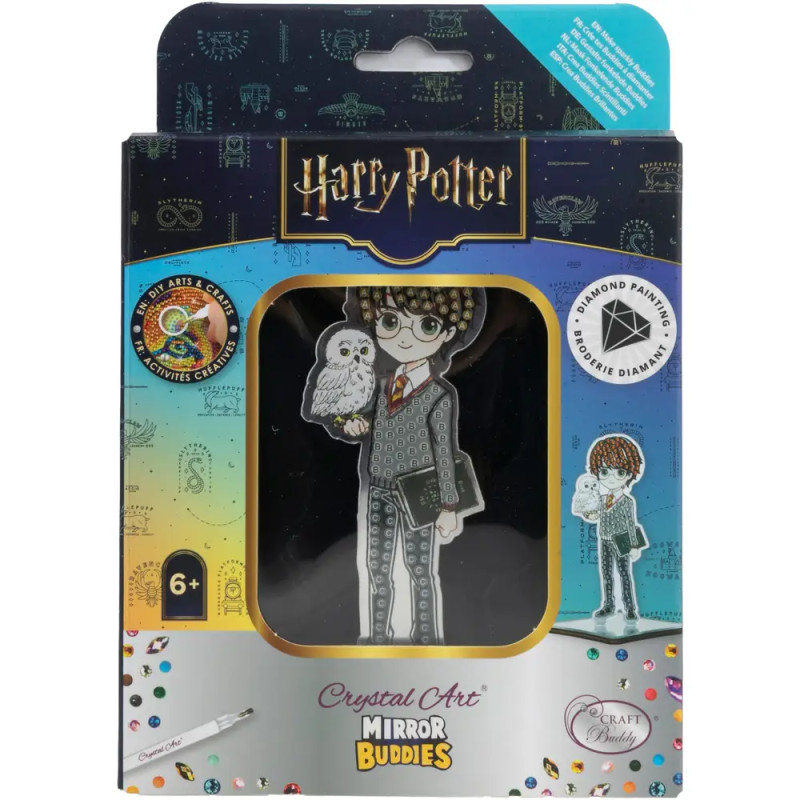 Harry Potter Crystal Art Mirror Buddies Bastelset in Verpackung mit Harry-Figur, die Hedwig hält.