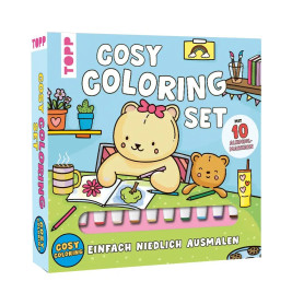 Cosy Coloring Set Box mit Bärenmotiv, unten sichtbare Wachsmalstifte, Beschriftung auf Deutsch und Englisch.