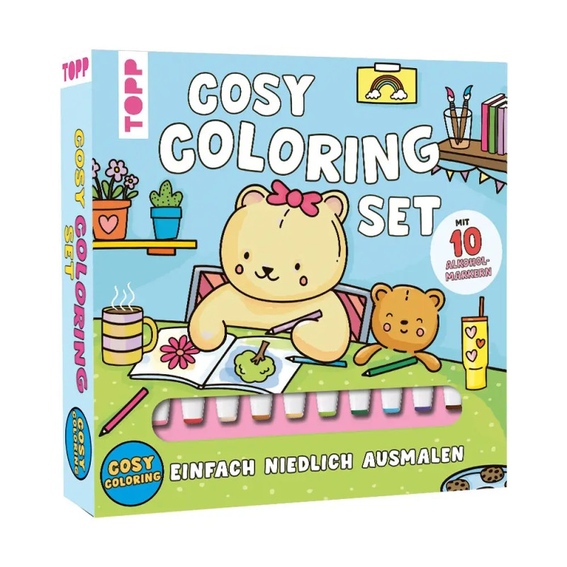 Cosy Coloring Set Box mit Bärenmotiv, unten sichtbare Wachsmalstifte, Beschriftung auf Deutsch und Englisch.