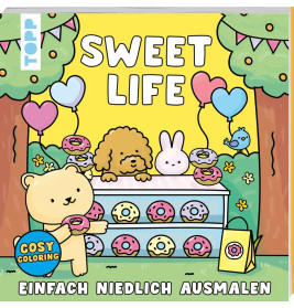 Cartoon-Tiere verkaufen bunte Donuts an einem Stand, Luftballons und festliche Deko im Hintergrund.