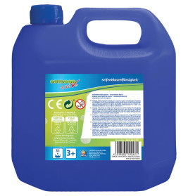 Blaue 3-Liter-Kanister Seifenblasenlösung mit deutschsprachigem Etikett und blauem Schraubverschluss.