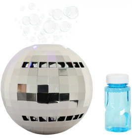 Eine Discokugel mit Seifenblasen darüber und einer kleinen blauen Flasche Seifenblasenlösung daneben.