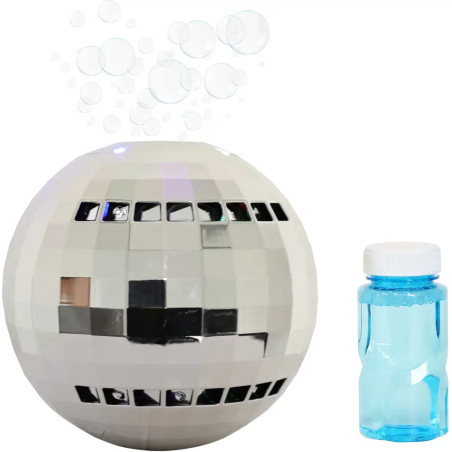 Eine Discokugel mit Seifenblasen darüber und einer kleinen blauen Flasche Seifenblasenlösung daneben.