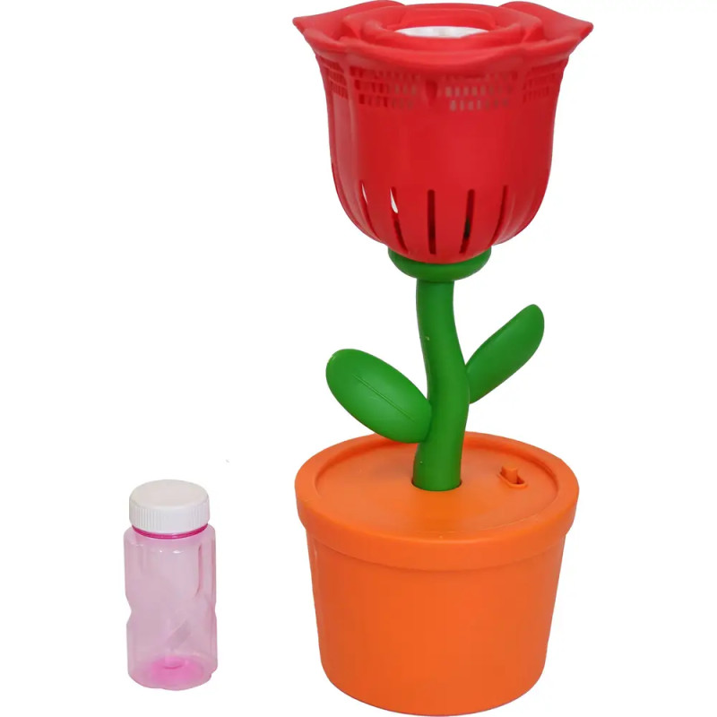 Rote Spielzeugblume im orangen Topf mit kleiner Flasche Seifenblasenlösung daneben auf weißem Hintergrund.
