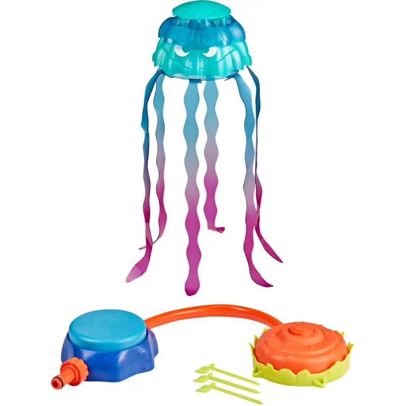 Buntes Quallen-Sprinklerspielzeug für Kinder mit langen Bändern als Tentakel und angeschlossenen Pumpmatten.