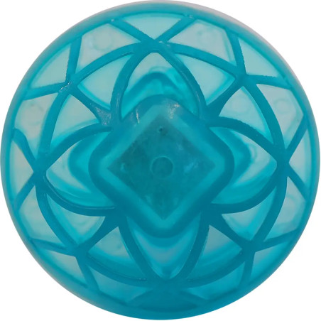 Blauer, runder Gegenstand mit geometrischen Blumenmustern und einer Raute in der Mitte, aus der Vogelperspektive.