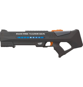 Schwarze elektrische Wasserpistole mit blauen Akzenten und orangefarbenem Knopf, beschriftet als Electric Water Gun.