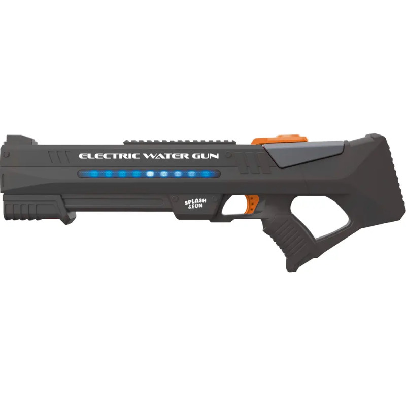 Schwarze elektrische Wasserpistole mit blauen Akzenten und orangefarbenem Knopf, beschriftet als Electric Water Gun.