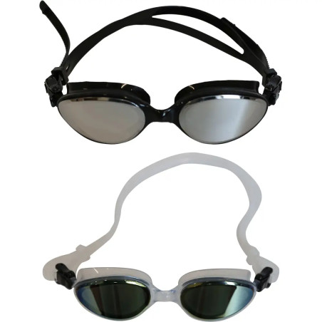 Zwei Schwimmbrillen, eine mit schwarzem und eine mit weißem Band, liegen auf weißem Hintergrund.