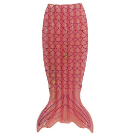 Rosa aufblasbare Poolmatratze in Form einer Meerjungfrauenflosse mit lila Schuppenmuster und goldenen Glitzerakzenten.