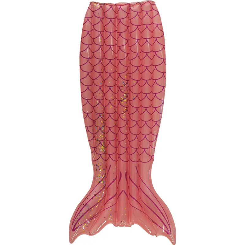 Rosa aufblasbare Poolmatratze in Form einer Meerjungfrauenflosse mit lila Schuppenmuster und goldenen Glitzerakzenten.
