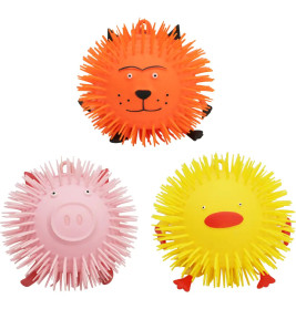 Drei stachelige Gummibälle als Löwe, Schwein und Ente in Orange, Pink und Gelb.