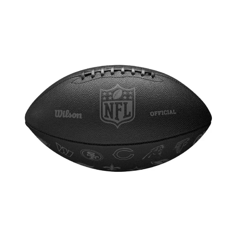 Schwarzer NFL-Wilson-Football mit aufgedrucktem Liga- und Teamlogo.