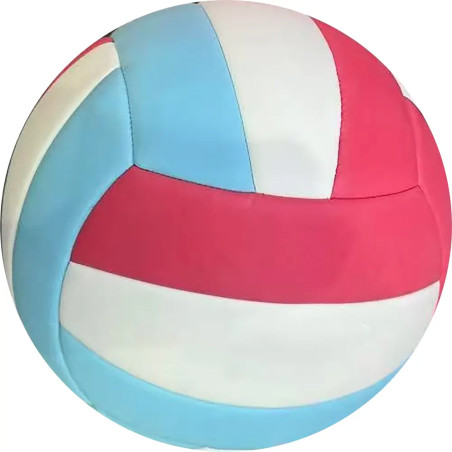 Ein Volleyball mit blauen, weißen und roten Feldern vor weißem Hintergrund.