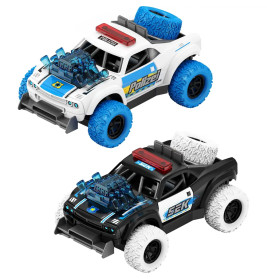 Zwei Spielzeug-Polizeiautos, weiß-blau und schwarz-weiß, mit übergroßen Rädern und blauen Motoren.